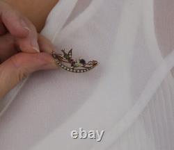 10k Yellow Gold Bird Leaf Crescent Moon Seed Pearl Pin Brooch Antique Victorian