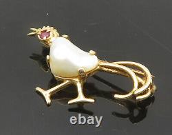14K GOLD Vintage Baroque Pearl & Ruby Shiny Bird Motif Brooch Pin GB018