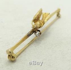 14K Yellow Gold Bird Holding Diamond Vintage Brooch Pin 3.8g A6197