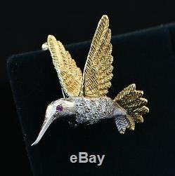 14K Yellow Gold Ruby & Diamond Hummingbird Bird Brooch Vintage Estate Jewelry