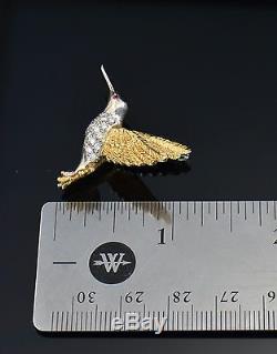 14K Yellow Gold Ruby & Diamond Hummingbird Bird Brooch Vintage Estate Jewelry