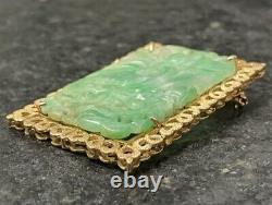 14k Yellow Gold Vintage Carved Jade Brooch Bird in Flowers WOW