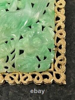 14k Yellow Gold Vintage Carved Jade Brooch Bird in Flowers WOW