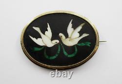 1870s Pietra Dura Doves Birds Mosaic Brooch Pin 1.75 x 1.5 8 Karat Yellow Gold