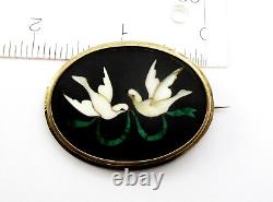 1870s Pietra Dura Doves Birds Mosaic Brooch Pin 1.75 x 1.5 8 Karat Yellow Gold