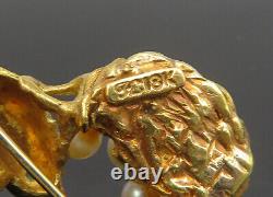 18K GOLD Vintage Pearls & Green Sapphire Love Birds & Nest Brooch Pin GB005