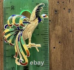 18 K Enamel Brooch Vintage Pin Bird Of Paradise 10.5 Grams Stamped 18 K Italy
