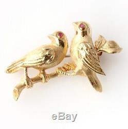 18ct Gold & Ruby Bird Brooch. Vintage Pair Of Doves on Branch Pin. Gift Boxed