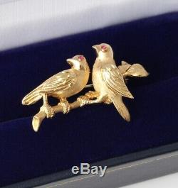 18ct Gold & Ruby Bird Brooch. Vintage Pair Of Doves on Branch Pin. Gift Boxed