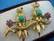 18k Yellow Gold Two Love Birds Vintage Brooch With Genuine Rubies & Turquoise
