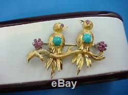 18k Yellow Gold Two Love Birds Vintage Brooch With Genuine Rubies & Turquoise