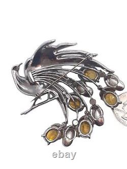 1930's Exquisite Bird of Paradise Figural Rhinestone & Faux Pearl Vintage Brooch