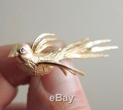 1930s 14k Gold Bird Brooch Engel Bros Ruby Eye Lapel Pin Rare Estate Vtg 3.7g