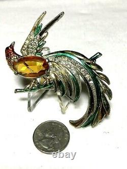 1930s Enameled Figural Bird Of Paradise Large Brooch Faceted Amber Belly