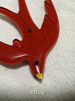1930s Vintage Large Flying Bird Pin Brooch Early Plastic Red Celluloid Statement