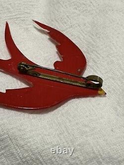 1930s Vintage Large Flying Bird Pin Brooch Early Plastic Red Celluloid Statement