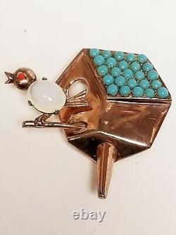 1940's Moonstone Jelly Belly Bird House Cuckoo Clock Glass Cabochon Pin Brooch