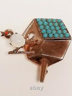 1940's Moonstone Jelly Belly Bird House Cuckoo Clock Glass Cabochon Pin Brooch