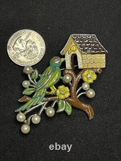 1940's Vintage Bird & Birhouse Figural Enameled Brooch Faux Pearls & Rhinestones