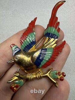 1940s Vintage Enamel Bird Multi-Color Brooch Pin Gold-Tone