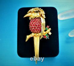 1950s VINTAGE BOUCHER 9019P GOLD PLATE RUBY RED RHINESTONES EXOTIC BIRD BROOCH