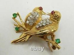 1.30Ct Round Cut Real Moissanite Love Birds Brooch 14K Yellow Gold Plated Silver