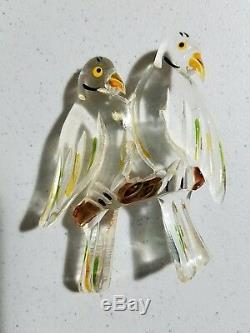 1 BROOCH PIN/NOS-ANTIQUE-Vtg 3 CARVED LUCITE-LOVE BIRDS Clear&Wood Look/Multi