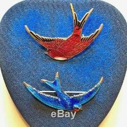 1 Enamel Bluebird or Red Robin pin Antique Guilloche blue bird brooch victorian