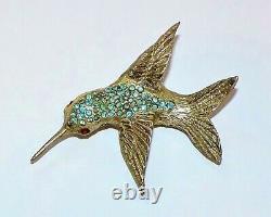 2633Vintage Signed MOSELL STERLING Teal Blue Rhinestone Figural Bird Brooch Pin
