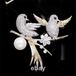 2.1 Ct Round Cut Real Moissanite Two Birds Brooch 14k Yellow Gold Plated Silver
