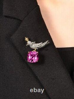 2.5CT Cushion Sapphire & CZ Schlumpberger Bird on a Rock Brooch in 925 Gold Over