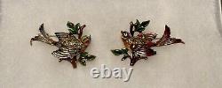 2 Coro Craft birds brooch on branch, enamailing, gold plated Sterling, 1940 USA