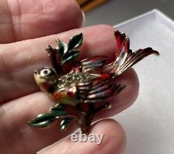 2 Coro Craft birds brooch on branch, enamailing, gold plated Sterling, 1940 USA