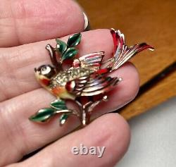 2 Coro Craft birds brooch on branch, enamailing, gold plated Sterling, 1940 USA