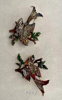 2 Coro Craft birds brooch on branch, enamailing, gold plated Sterling, 1940 USA