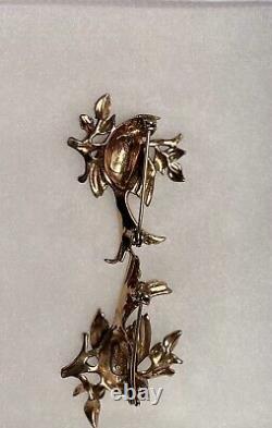 2 Coro Craft birds brooch on branch, enamailing, gold plated Sterling, 1940 USA