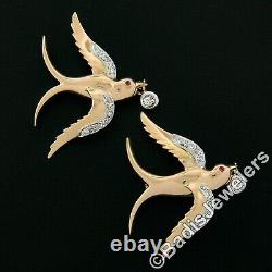(2) Retro Vintage 18k Gold Platinum Diamond & Ruby Pair of Swallow Bird Brooch