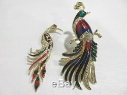 2 Vintage LARGE Peacock Crane Birds Enamel Rhinestone Costume Brooch Pins
