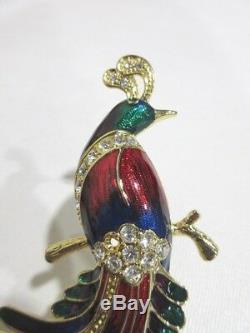 2 Vintage LARGE Peacock Crane Birds Enamel Rhinestone Costume Brooch Pins