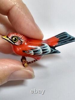2 Vintage Takahashi Red Hand Painted Carved Wood Bird Brooch Pins Lot Scarlet