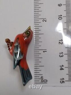2 Vintage Takahashi Red Hand Painted Carved Wood Bird Brooch Pins Lot Scarlet