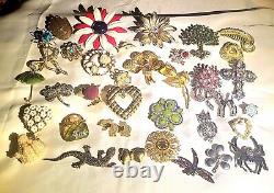 36 Pieces Vintage to Now Pin Brooches Rhinestones Enamel Mix Metals Lot