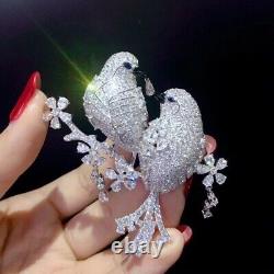 3Ct Round Cut Real Moissanite Women's Love Bird Brooch Pin 14K White Gold Plated