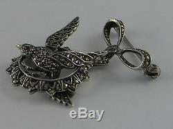3D Fabulous Vintage Art Deco Solid Silver Marcasite Bird Brooch Pendant