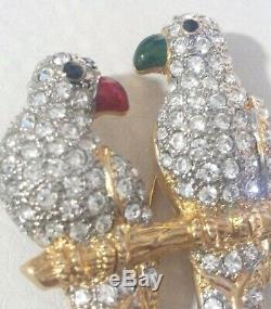 3D Vintage Swarovski Crystal Gold Tone Parrots Birds Perch Lapel Pin Brooch