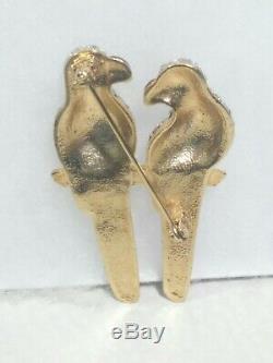 3D Vintage Swarovski Crystal Gold Tone Parrots Birds Perch Lapel Pin Brooch