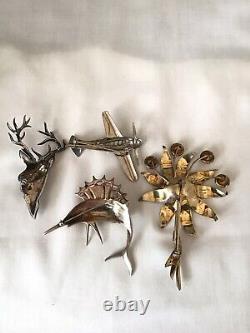 4 Vintage Sterling Signed Castlecliff Flower Sailfish Stag Plane Pins Brooches