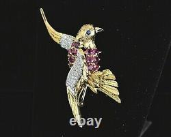 $5,250 Vintage 18K Gold Pigeon Blood Ruby Pave Diamond Flying Bird Pin Brooch