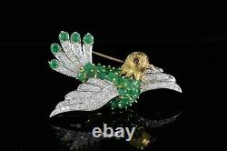 $5,250 Vintage Flying Bird 18K Yellow Gold Emerald Ruby Pave Diamond Pin Brooch