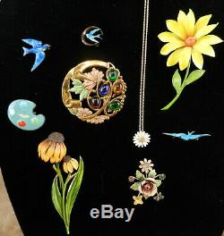 8 Vintage Enameled Metal Pins Brooches 1 Necklace Pendant Flowers Birds T05